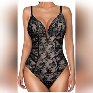 Popilush Black Floral Lace Backless Deep V Corset Shapewear Bodysuit Size Large